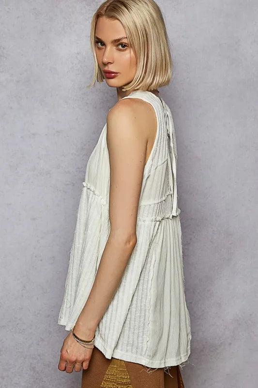 POL Lace Trim Round Neck Tank with Pintuck Detail