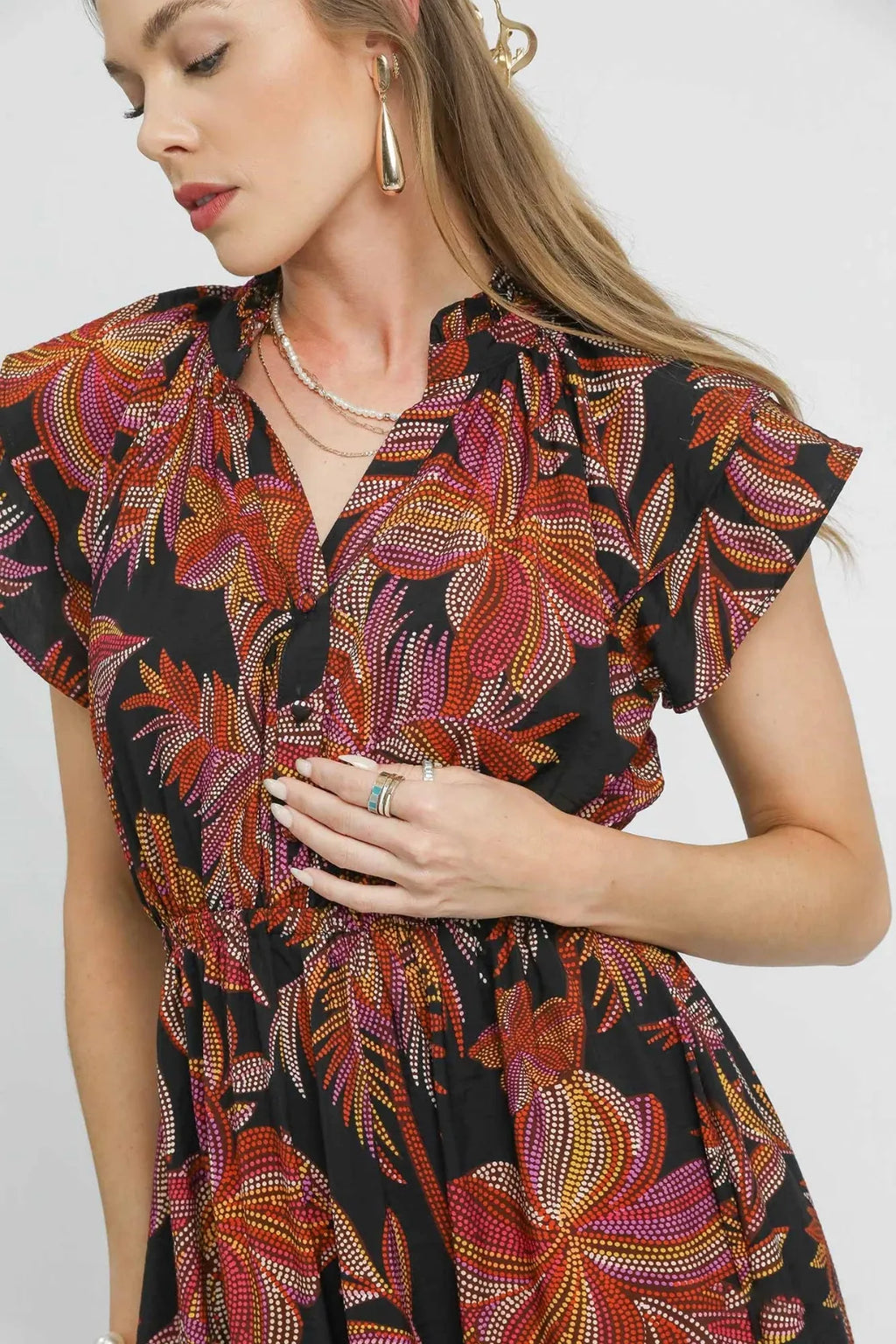 Umgee Mix Ruffle Sleeve Tropical Midi Dress