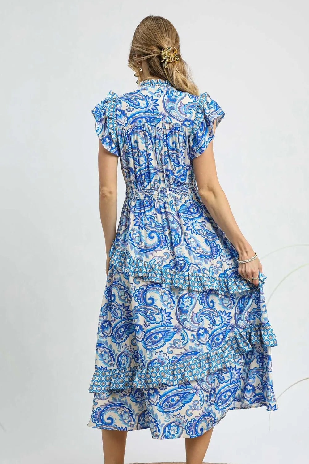 Seaglass Paisley Swirls Ruffle Sleeve Midi Dress