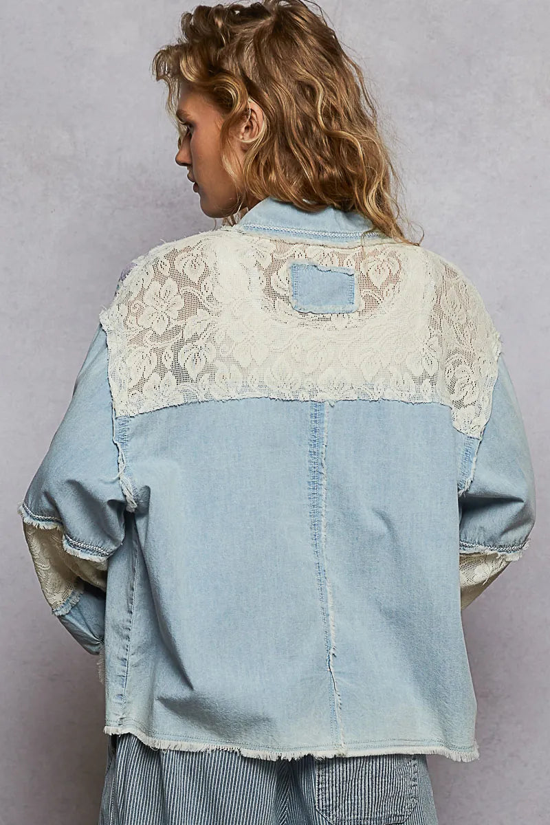POL Secret Meadows Printed Woven Mix Raw Hem Jacket with Lace Detail