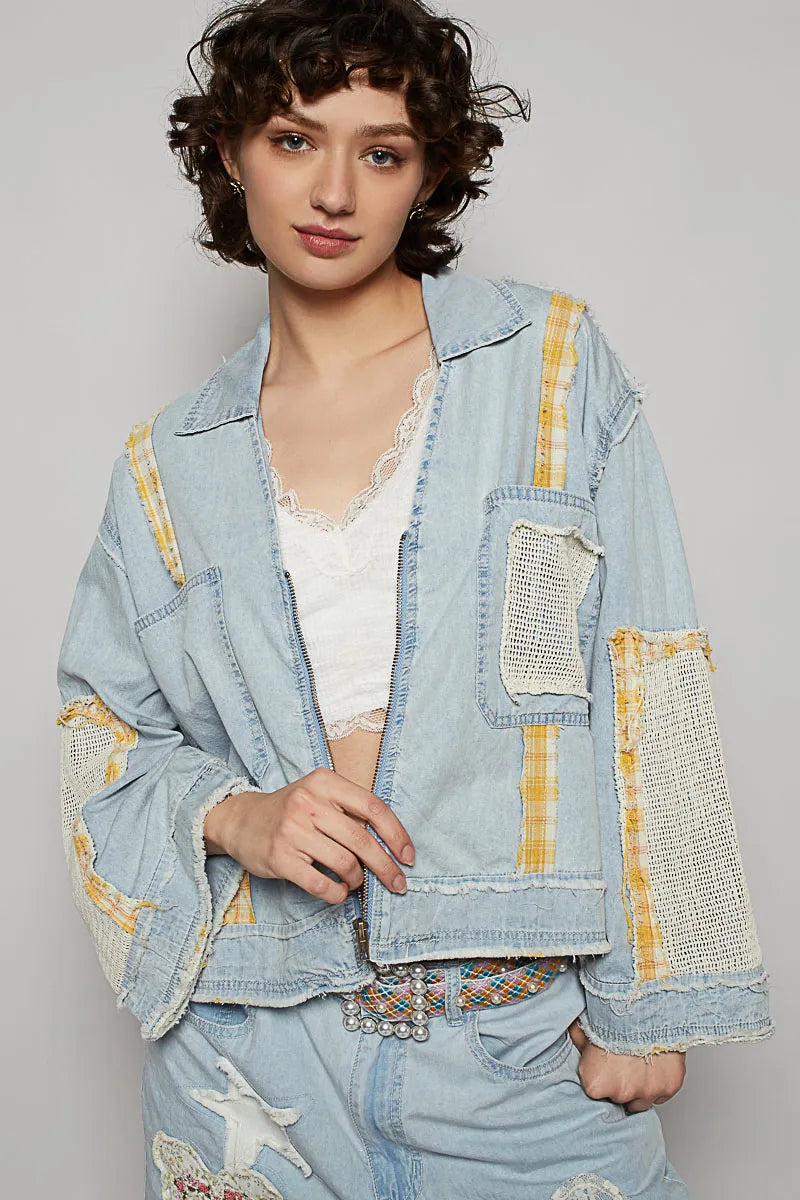 POL Raw Hem Zip Up Denim Jacket with Plaid and Crochet Patch