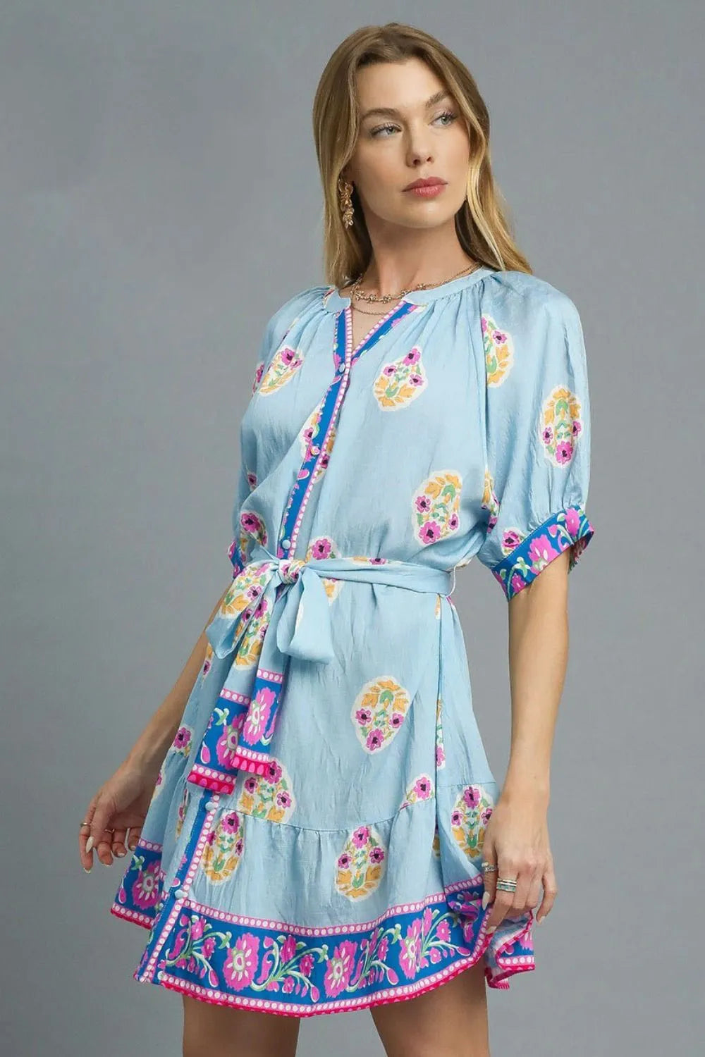 Whimsical Floral Print Tie Waist Short Sleeve Dress