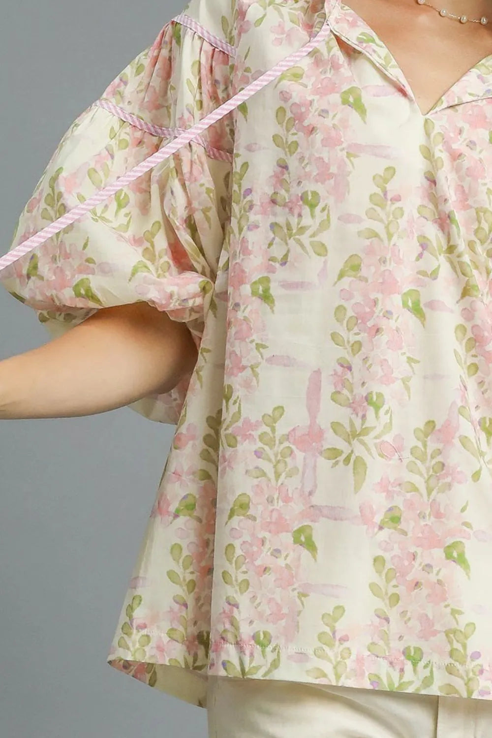 Rose Quarts Floral Print Puff Sleeve Tie Neck Cotton Blouse