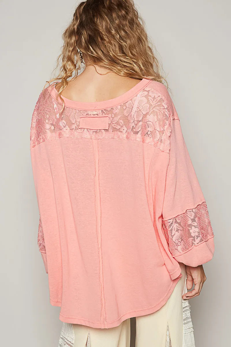POL Rose Quarts V-Neck Long Sleeve T-Shirt with Lace Detail