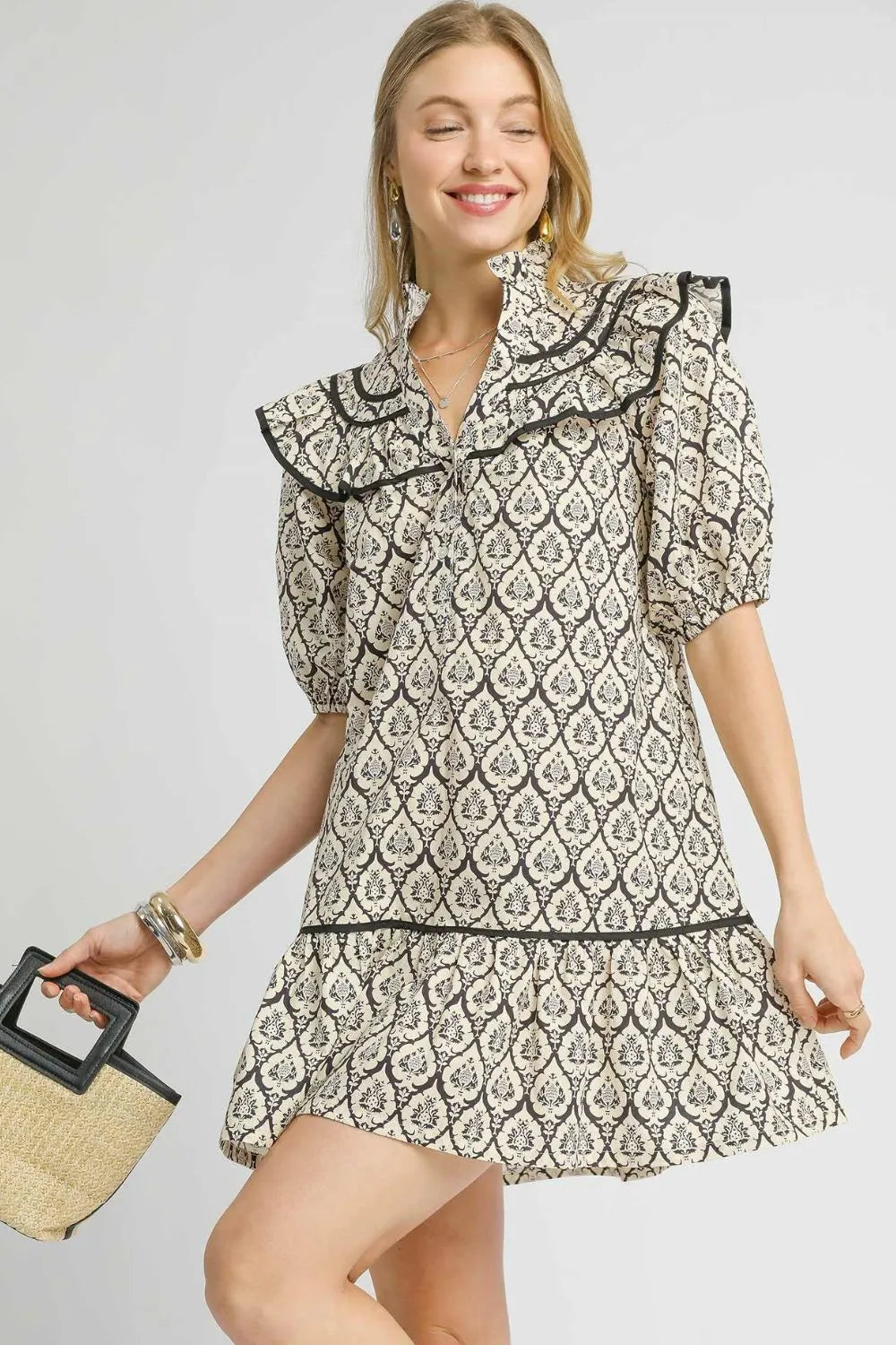 Umgee Ruffled Printed Puff Sleeve Mini Dress