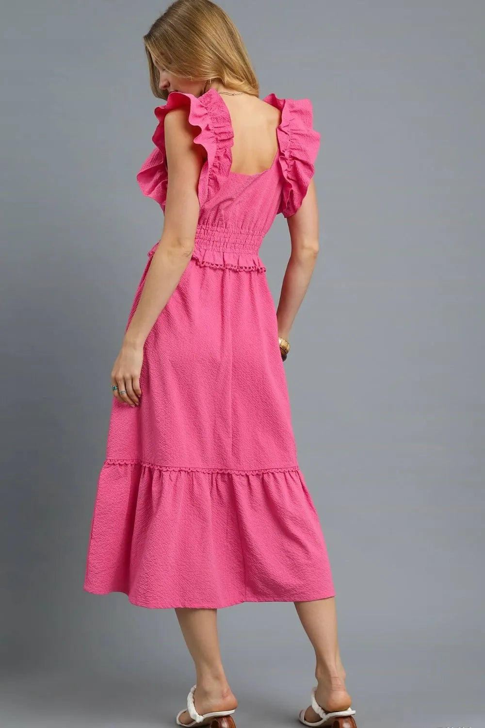 Rosé Ruffle Romance V-Neck Ruffled Cap Sleeve Midi Dress