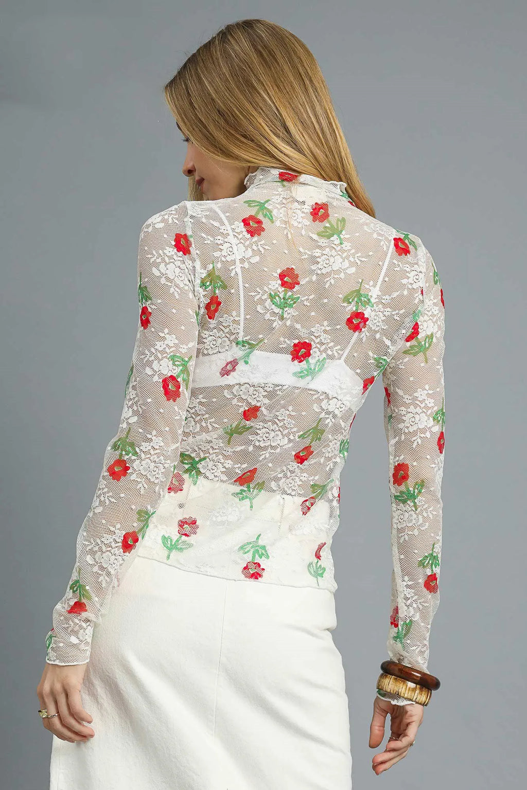 Garden Of Eden Floral Mock Neck Long Sleeve Sheer Top