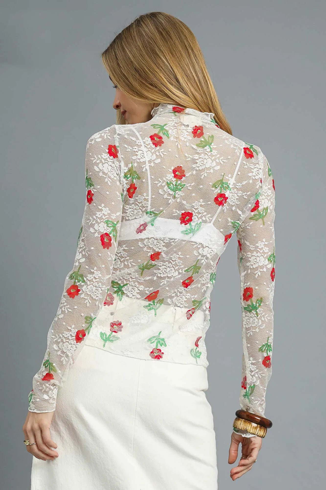 Garden Of Eden Floral Mock Neck Long Sleeve Sheer Top