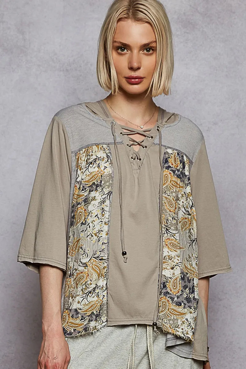 POL Lace-Up Hooded T-Shirt with Paisley Panel Detail