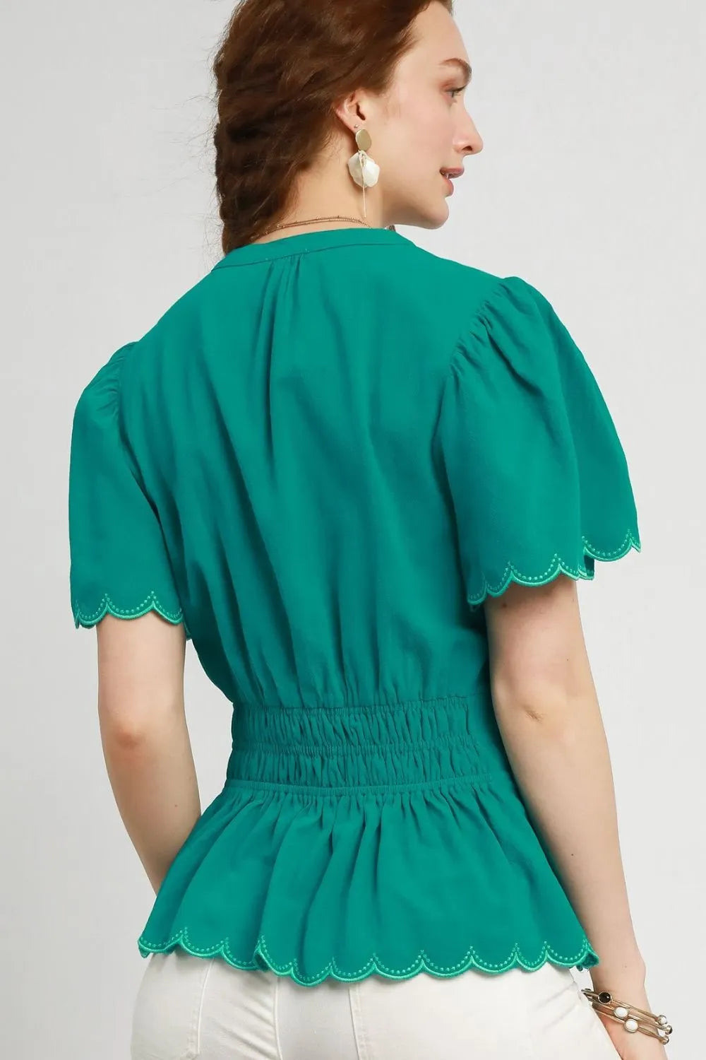Enchanting Emeralds Scalloped Edge Flutter Sleeve Blouse