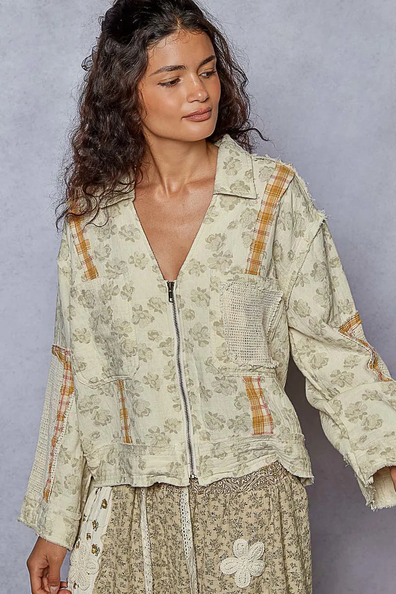 POL Raw Hem Zip Up Floral Jacket with Plaid and Crochet Patch