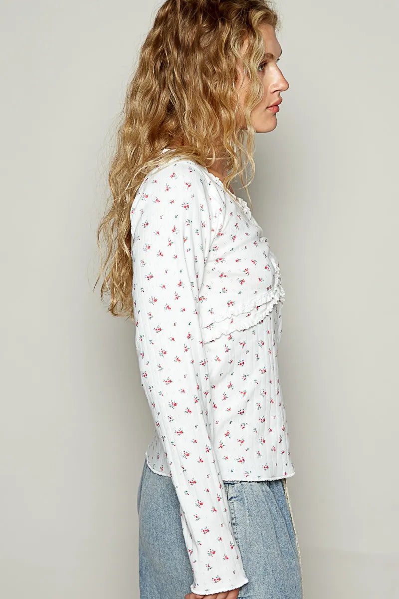 POL Floral V-Neck Long Sleeve T-Shirt