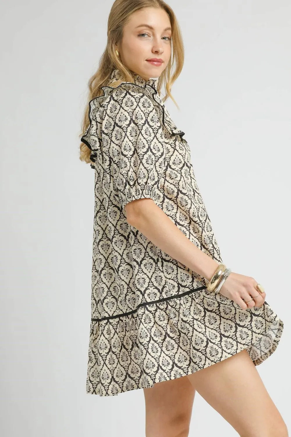 Umgee Ruffled Printed Puff Sleeve Mini Dress