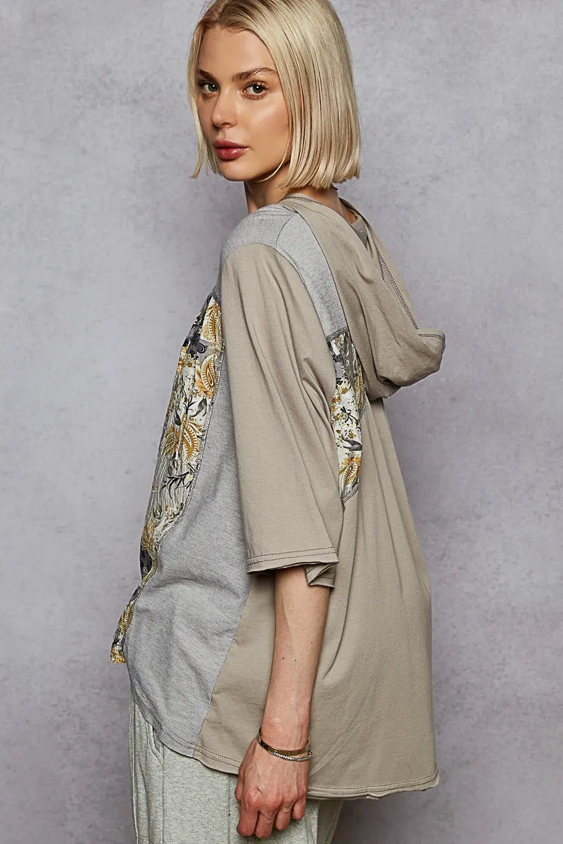 POL Lace-Up Hooded T-Shirt with Paisley Panel Detail