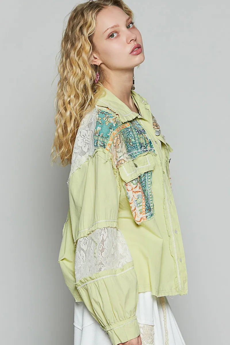 POL Printed Woven Mix Raw Hem Jacket with Lace Detail
