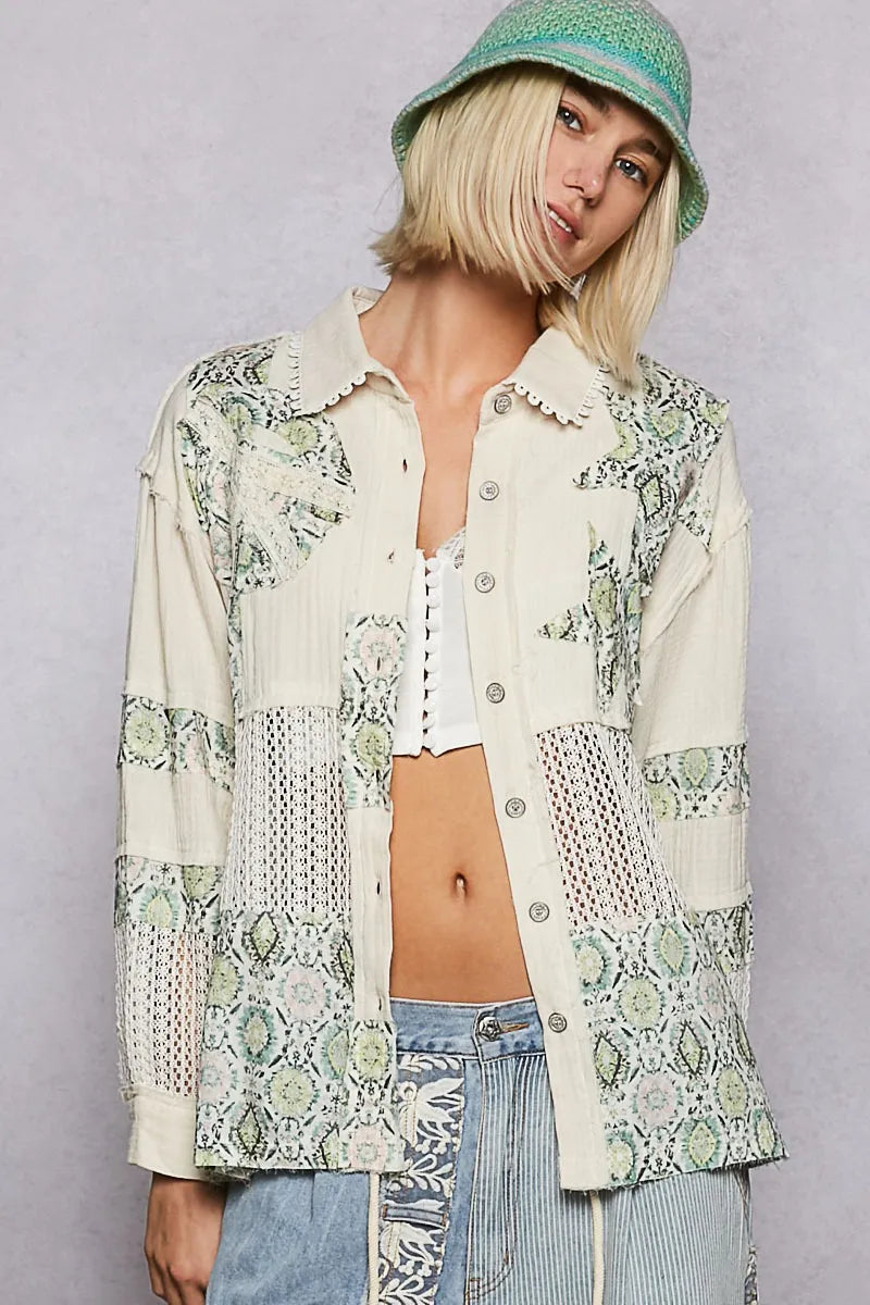POL Printed Crochet Patchwork Button-Up Shirt