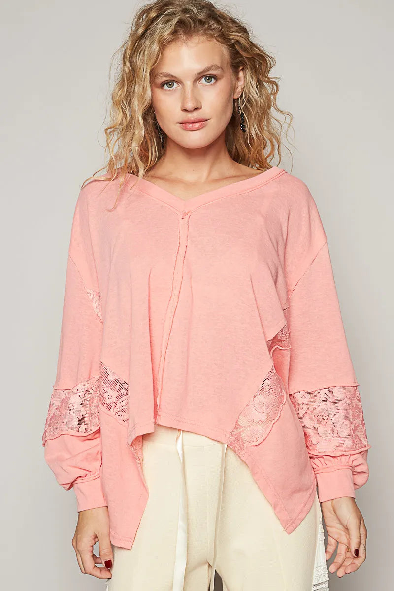 POL Rose Quarts V-Neck Long Sleeve T-Shirt with Lace Detail