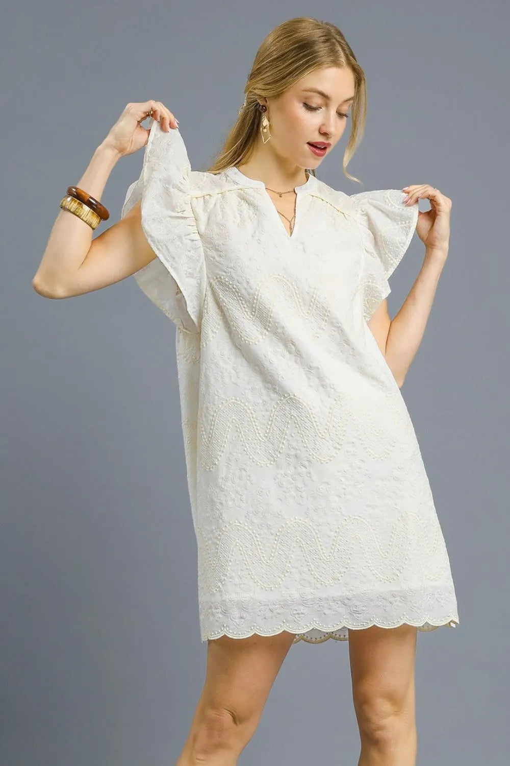 Umgee Scalloped Hem Embroidered Mini Dress