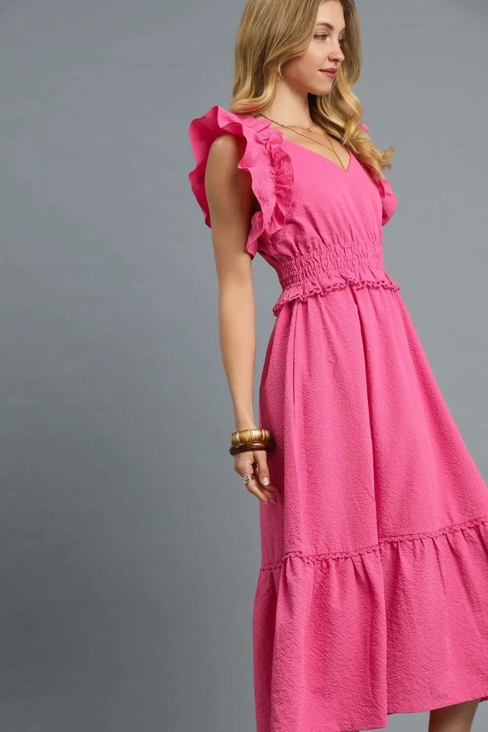 Rosé Ruffle Romance V-Neck Ruffled Cap Sleeve Midi Dress