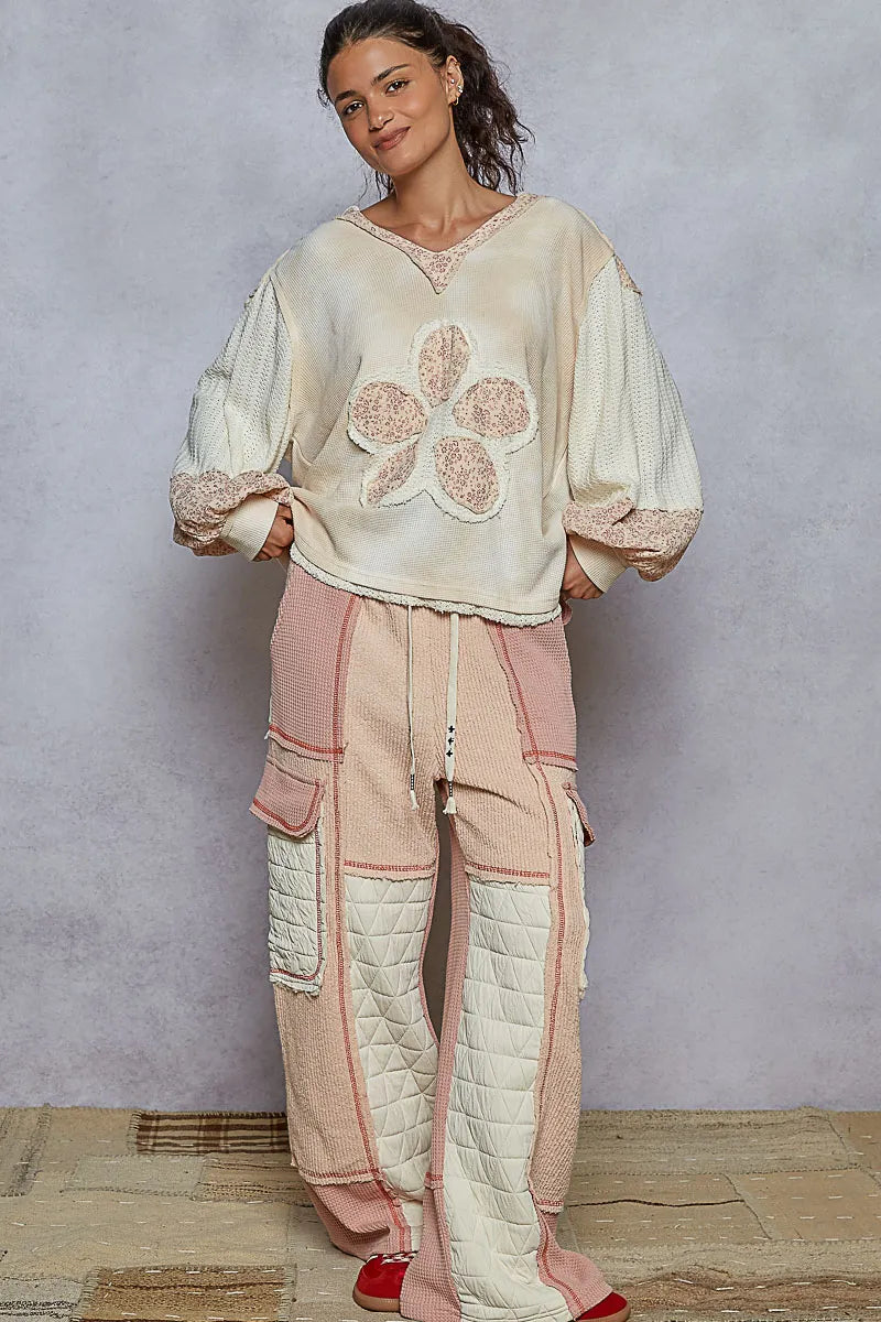 POL Raw Hem Washed Hoodie with Flower Patch