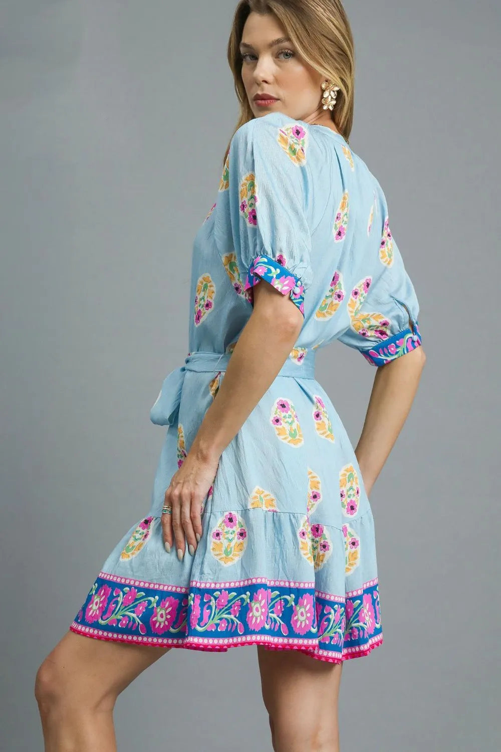Whimsical Floral Print Tie Waist Short Sleeve Dress
