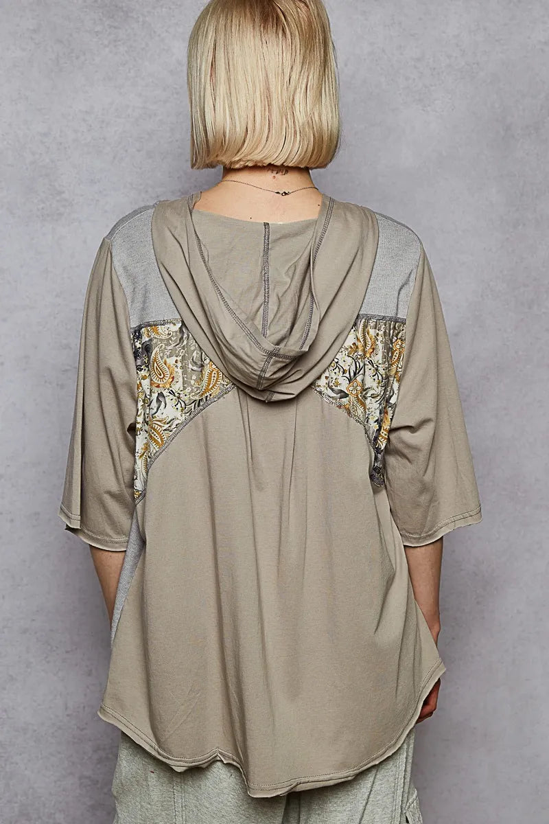 POL Lace-Up Hooded T-Shirt with Paisley Panel Detail