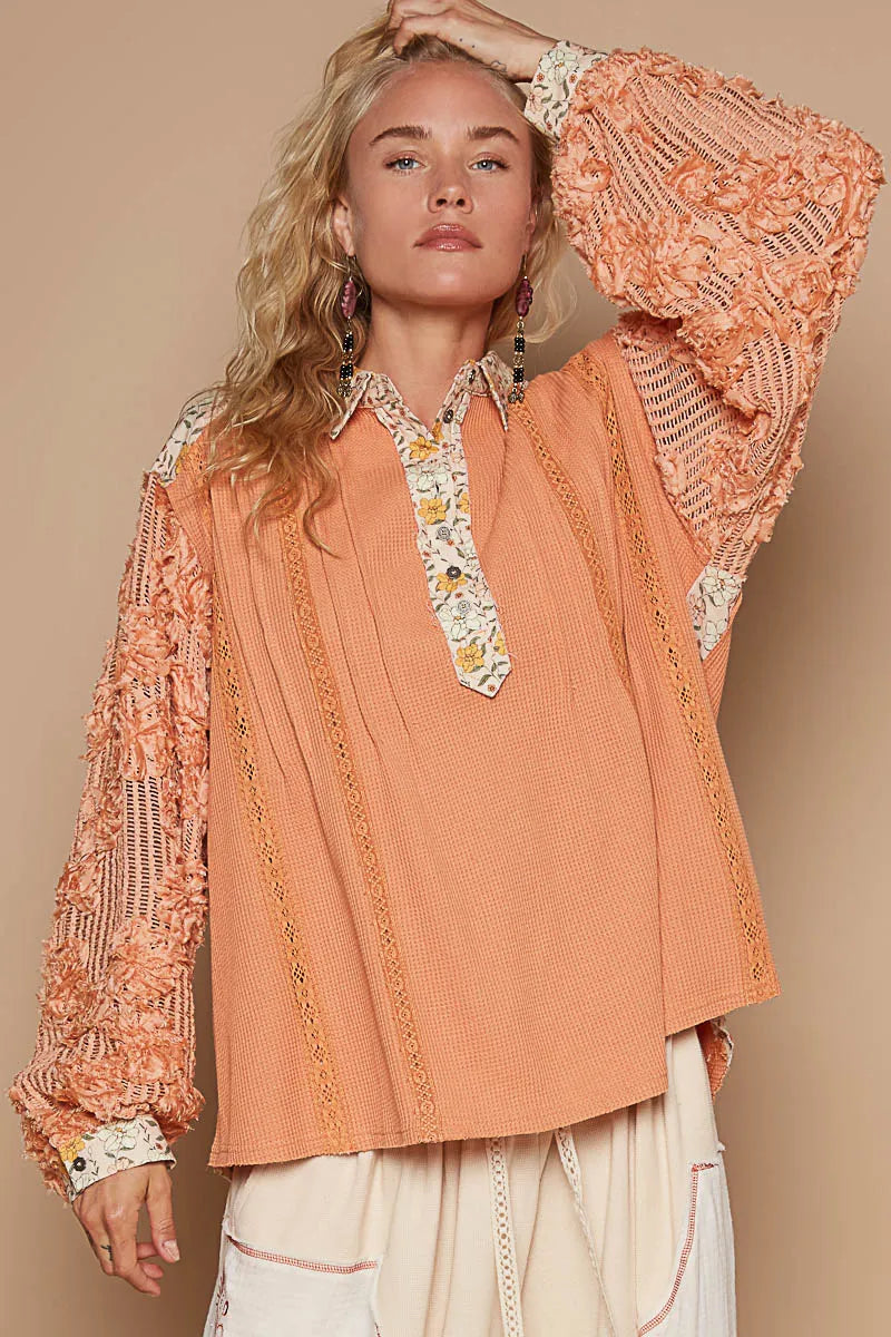 POL Sunset Sky Floral Half Button Lace Detail Long Sleeve Top