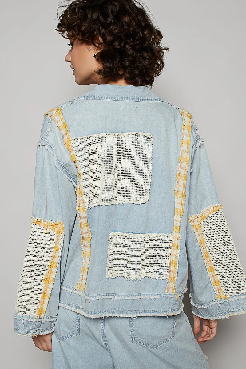 POL Raw Hem Zip Up Denim Jacket with Plaid and Crochet Patch