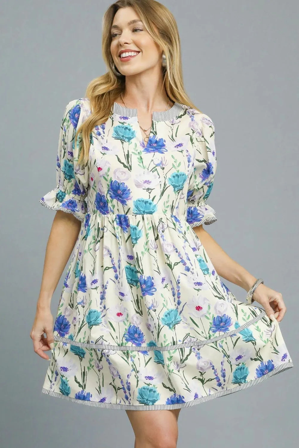 Umgee BabyDoll Floral Striped Hem Mini Dress