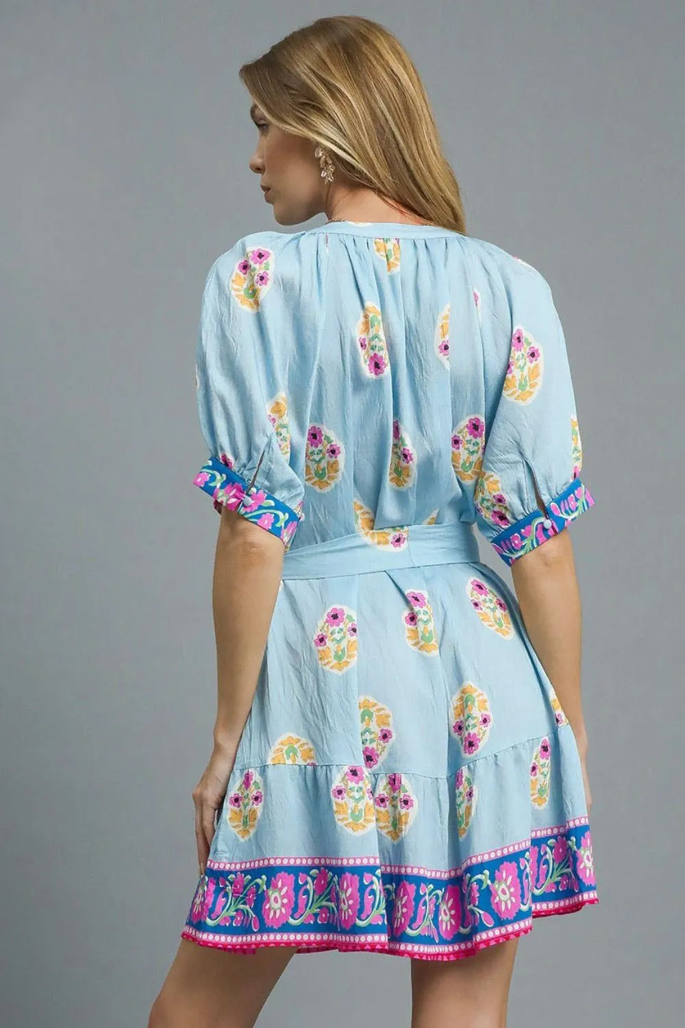 Whimsical Floral Print Tie Waist Short Sleeve Dress
