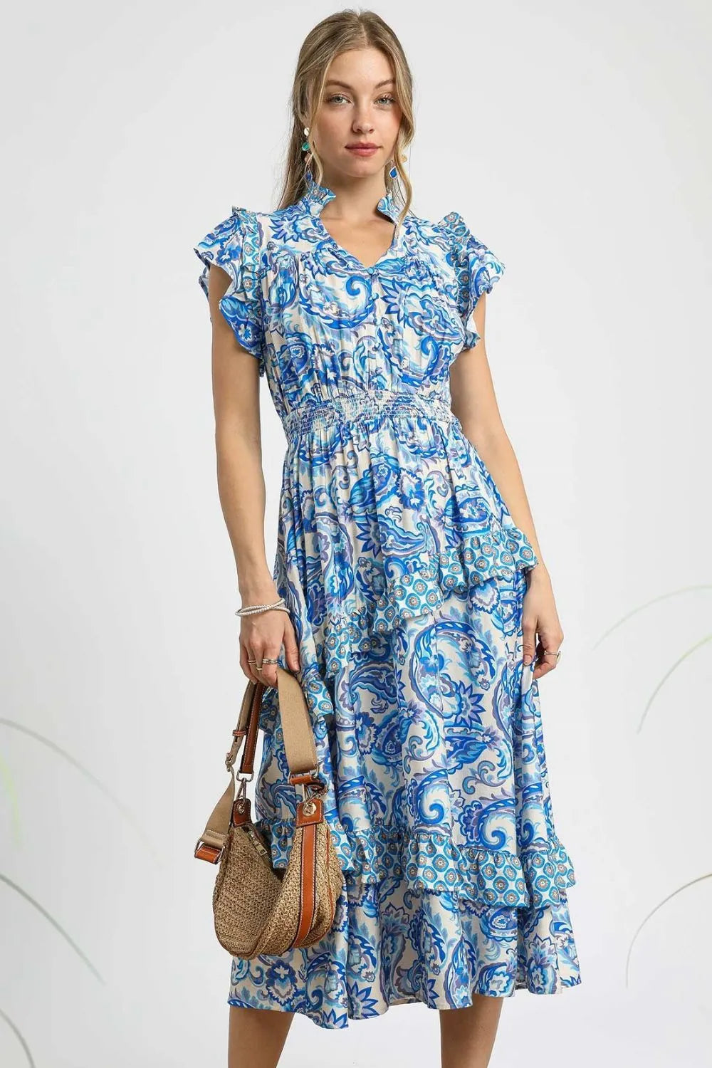 Seaglass Paisley Swirls Ruffle Sleeve Midi Dress