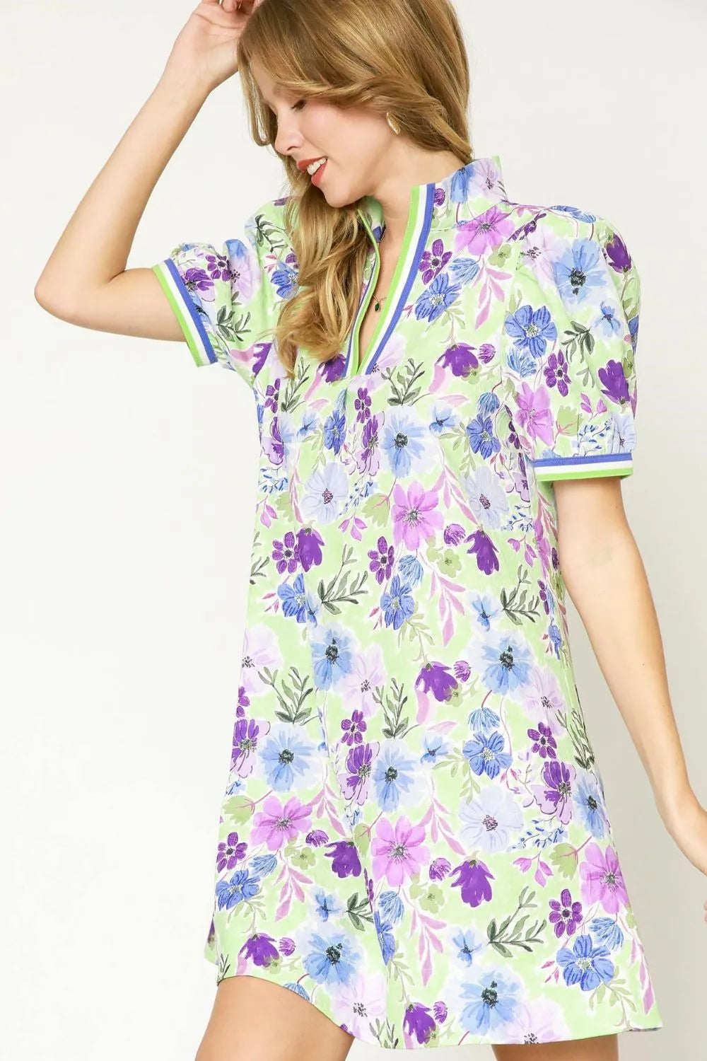 Summer Garden Floral Print Short Puff Sleeve Mini Dress