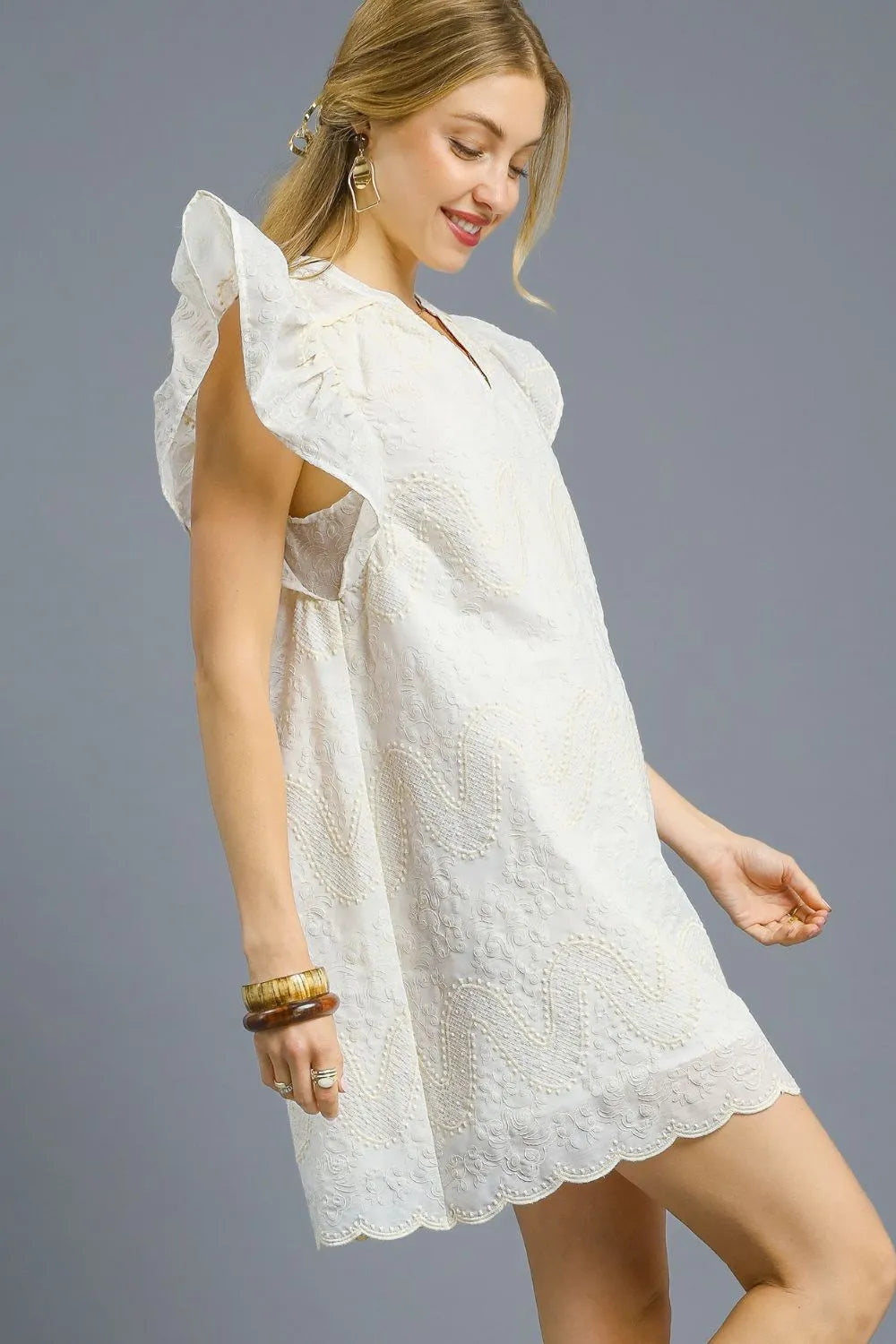 Umgee Scalloped Hem Embroidered Mini Dress