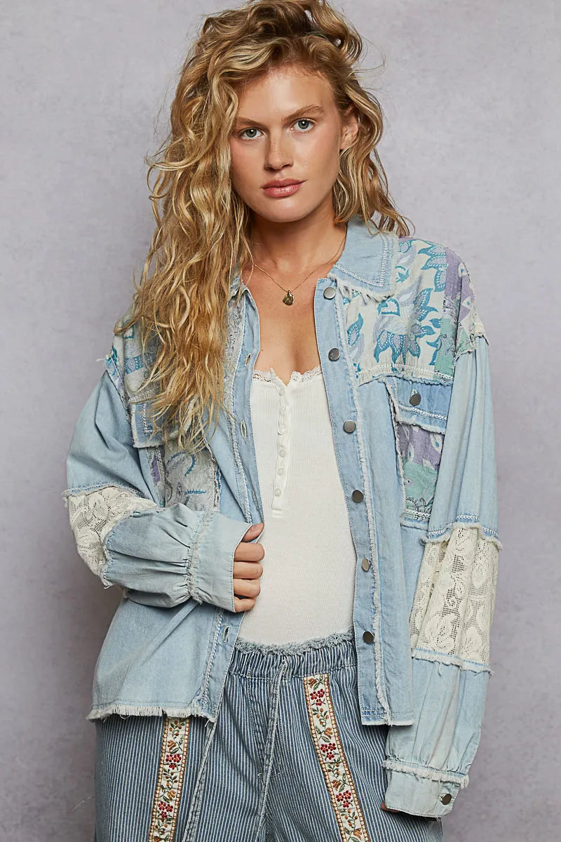 POL Secret Meadows Printed Woven Mix Raw Hem Jacket with Lace Detail