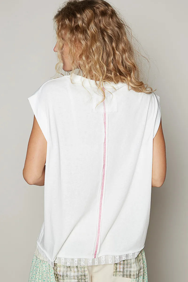 POL Star Patch Studded Sleeveless T-Shirt with Lace Hem
