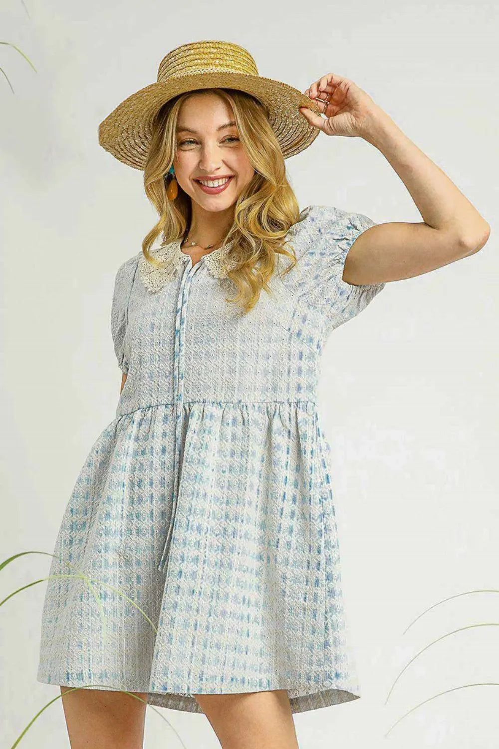Cloudy Day Dreams Lace Detail Short Puff Sleeve Mini Dress