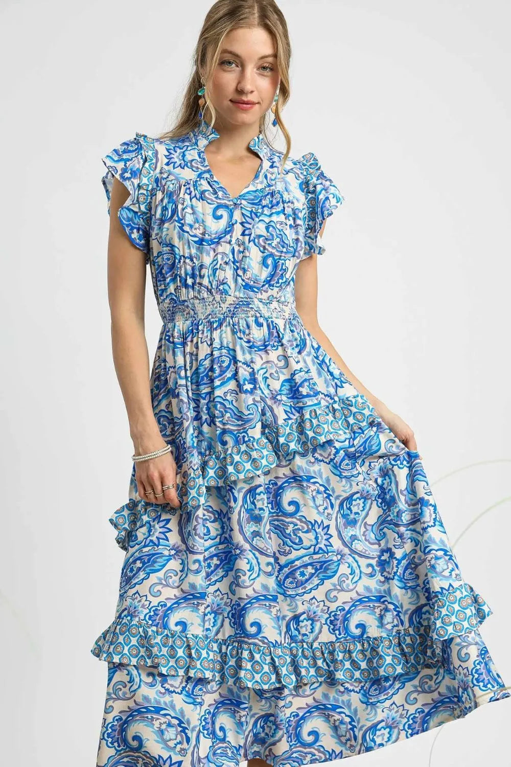 Seaglass Paisley Swirls Ruffle Sleeve Midi Dress