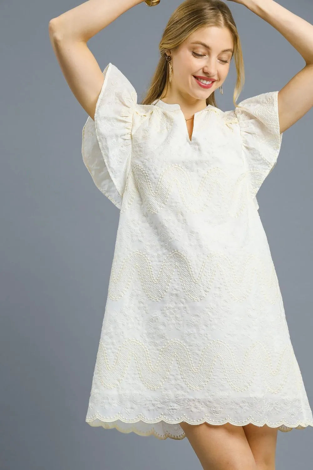 Umgee Scalloped Hem Embroidered Mini Dress