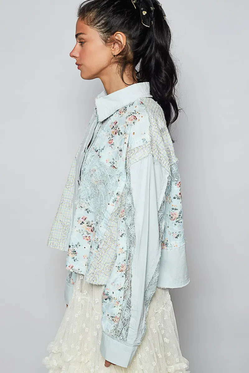 POL Floral Long Sleeve Shirt with Lace Panel Details