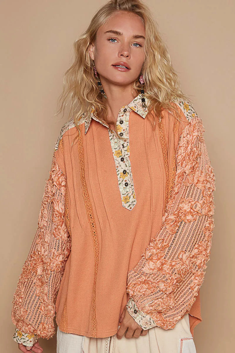 POL Sunset Sky Floral Half Button Lace Detail Long Sleeve Top