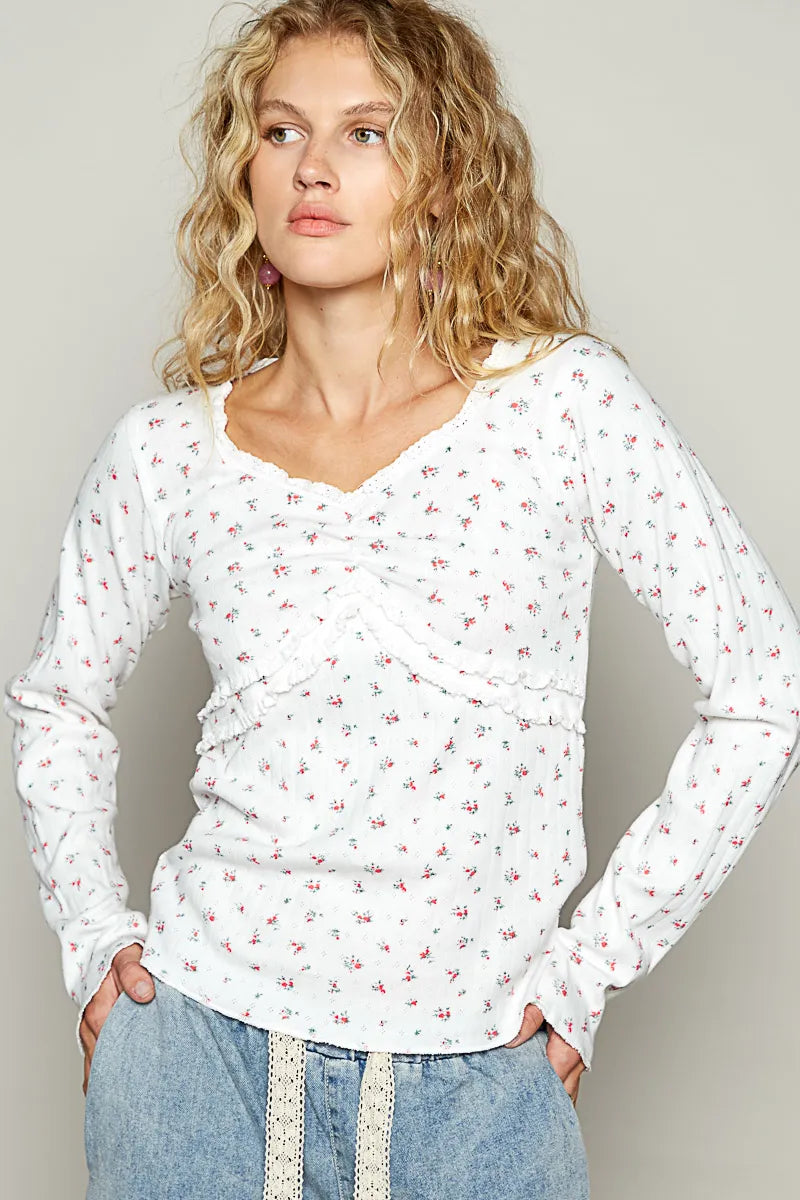 POL Floral V-Neck Long Sleeve T-Shirt