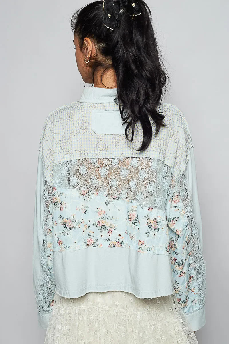 POL Floral Long Sleeve Shirt with Lace Panel Details