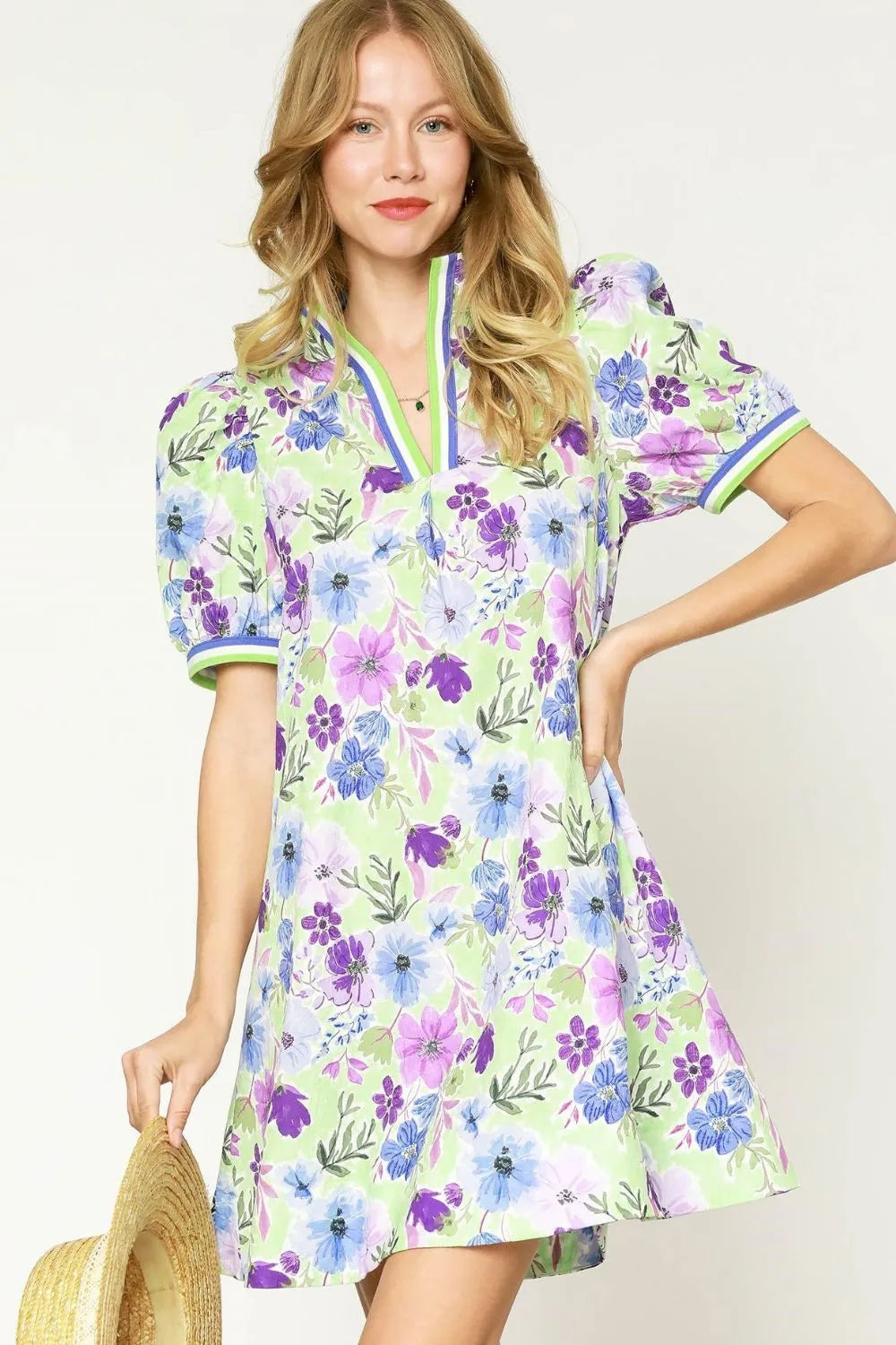 Summer Garden Floral Print Short Puff Sleeve Mini Dress