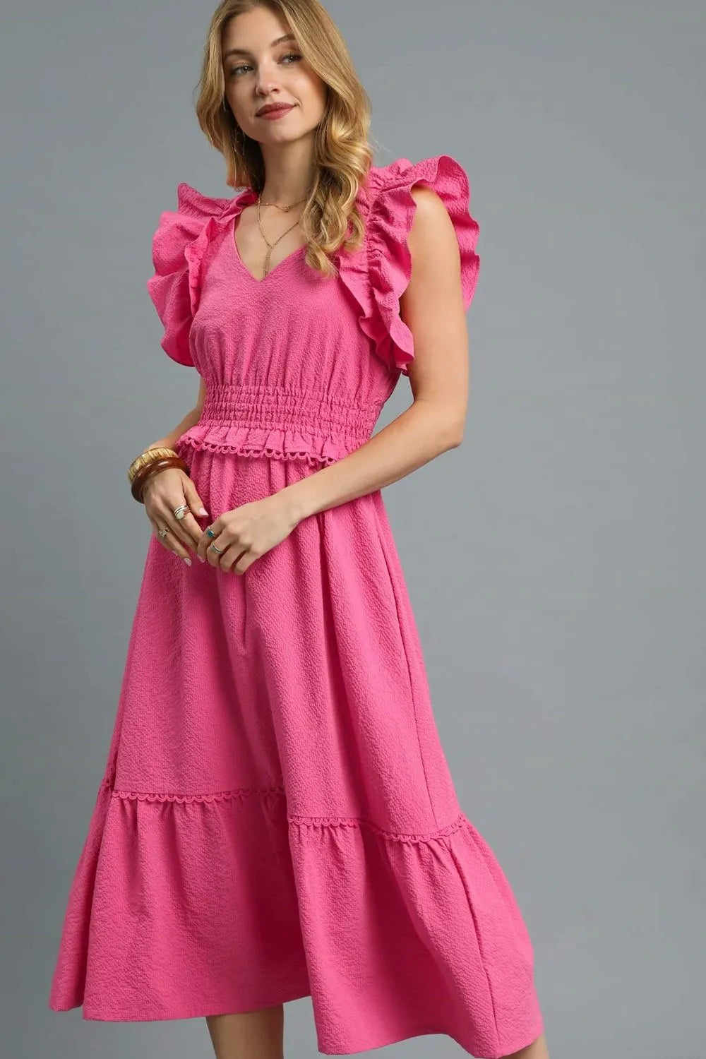 Rosé Ruffle Romance V-Neck Ruffled Cap Sleeve Midi Dress