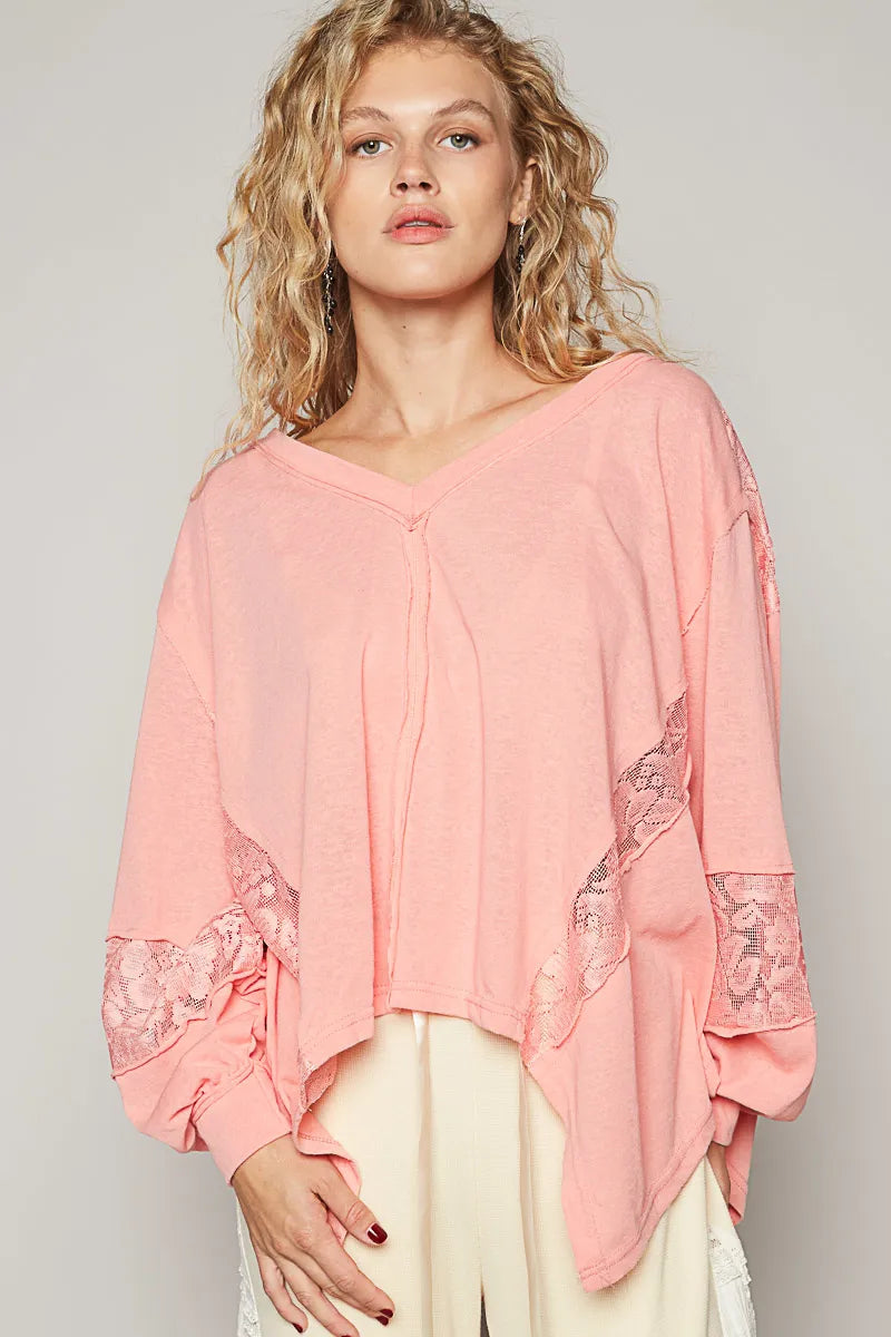 POL Rose Quarts V-Neck Long Sleeve T-Shirt with Lace Detail
