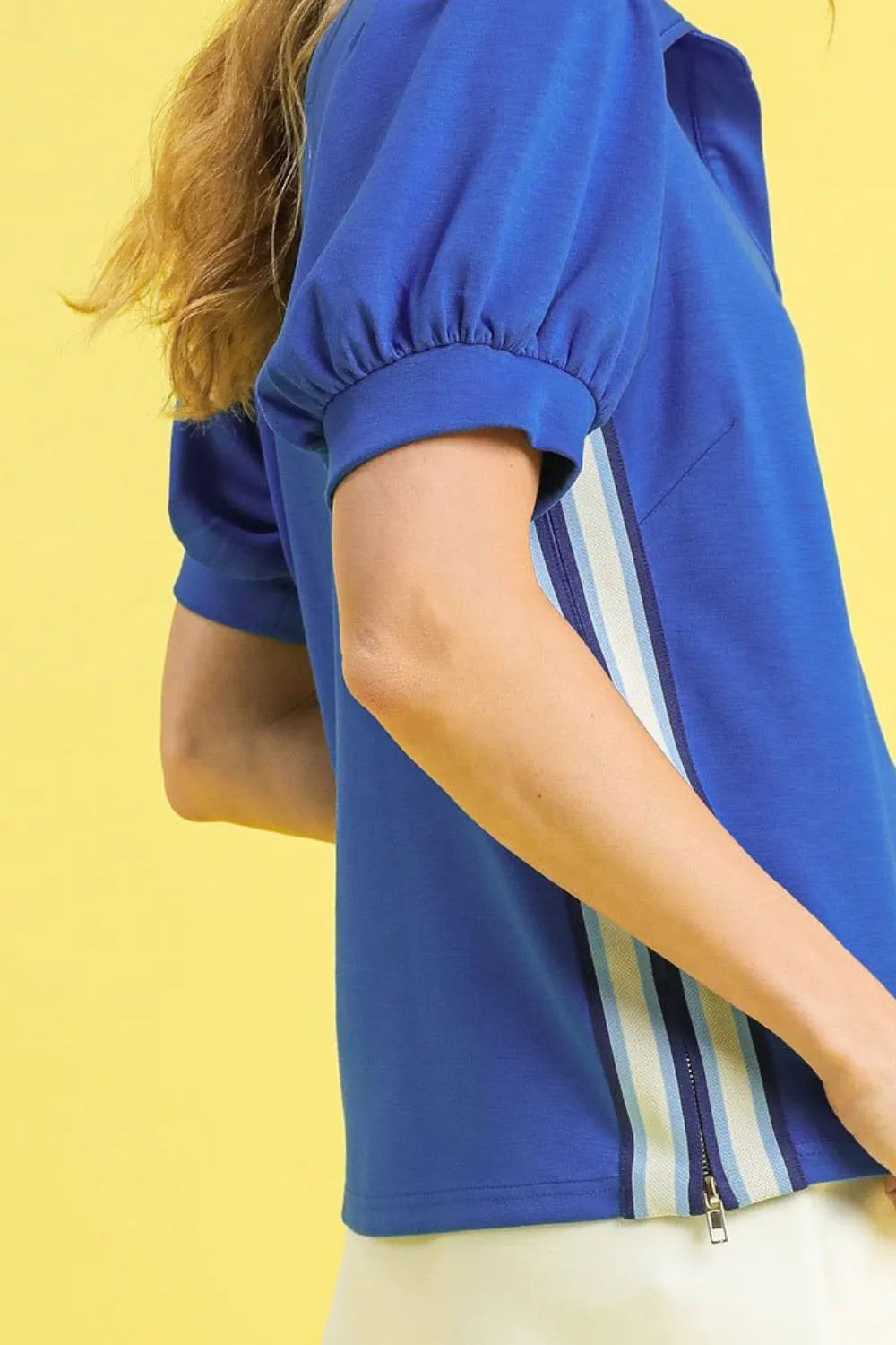 Umgee Side Zip Striped Puff Sleeve Polo