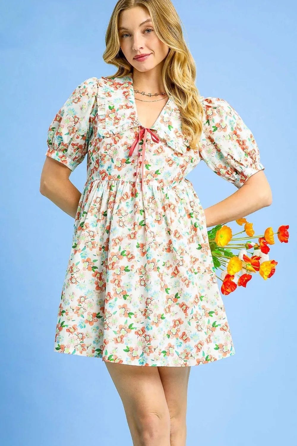Wildflower Walks Floral Print Puff Sleeve Tie Front Mini Dress