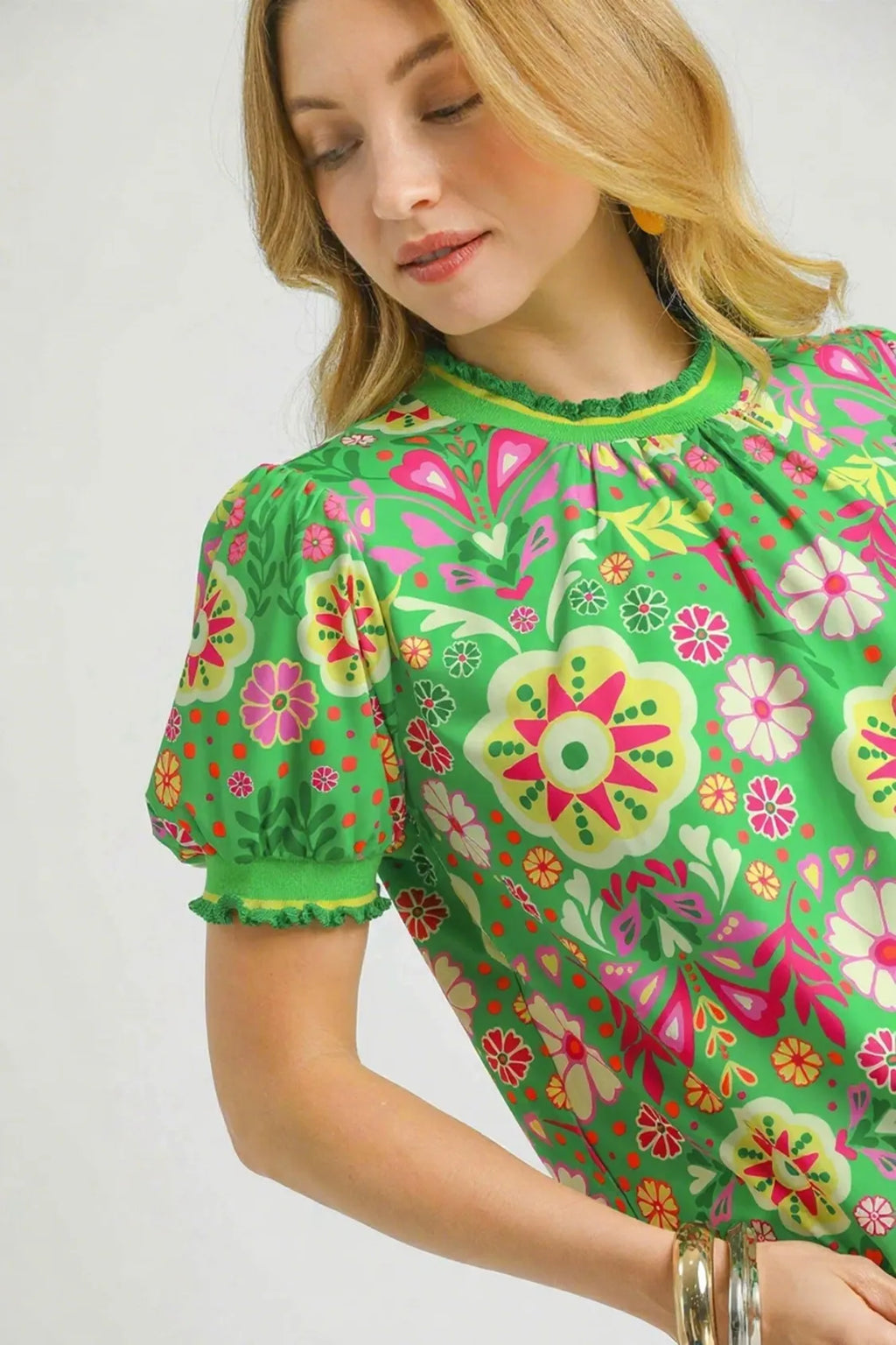 Umgee Retro Floral Puff Sleeve Top