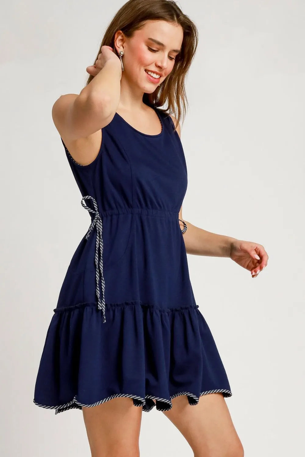 Umgee Frill Drawstring Waist Round Neck Mini Tank Dress