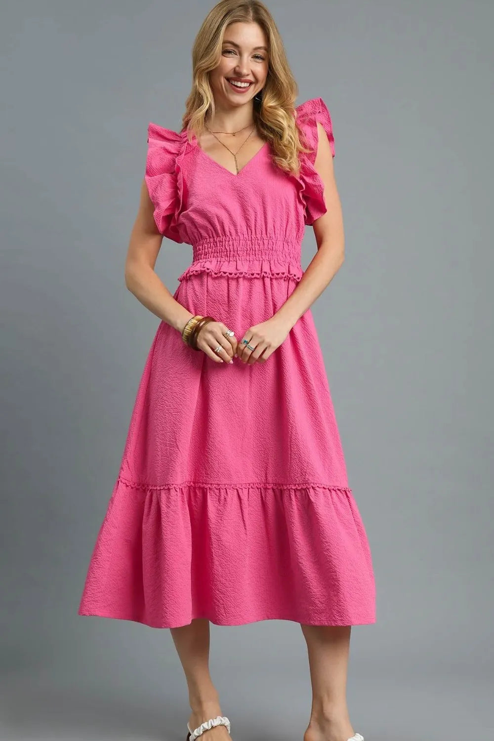 Rosé Ruffle Romance V-Neck Ruffled Cap Sleeve Midi Dress